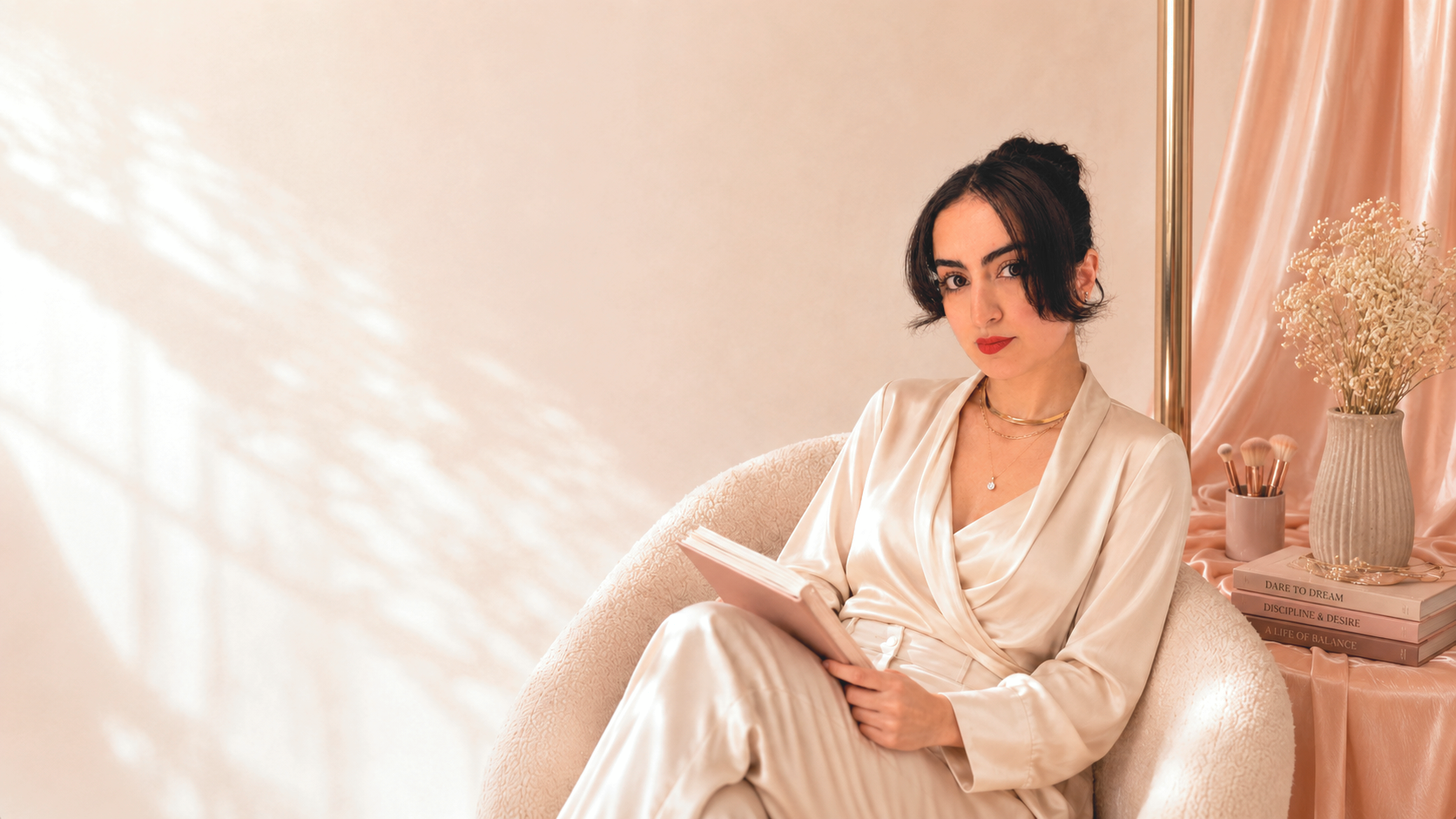 Dr. Ashley Montazer seated beside a pole, reading and applying makeup